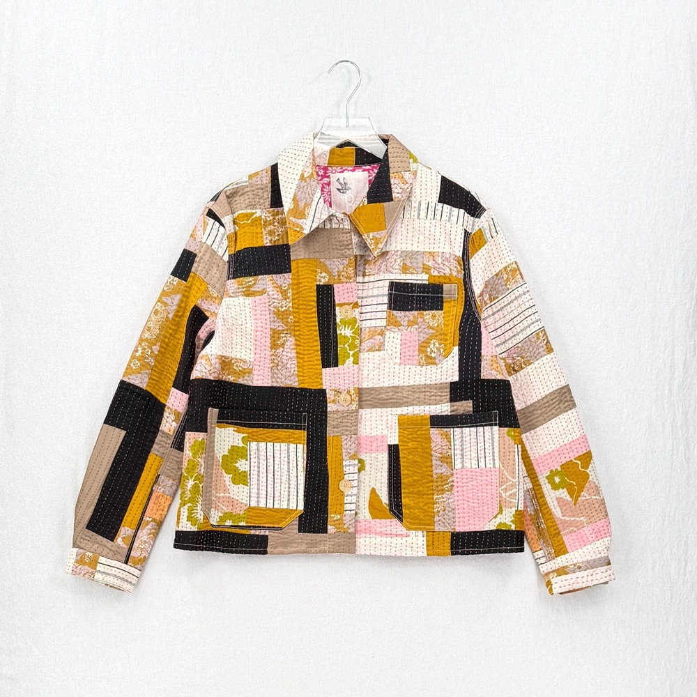 Ssōne Kantha Jacket Women 14 Yellow Cream Boho Quilted Patchwork Chore Button Up - Picture 3 of 13